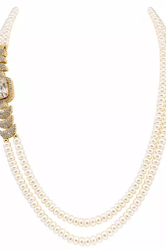 Pearl double strand necklace & earrings set with cz stone drop earrings included, bridal jewellery, cz solitaire pendant