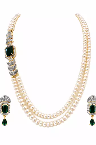 Pearl necklace & earring set with emerald green cz stone 2-layer strand, side brooch design, gold-tone bridal jewellery.