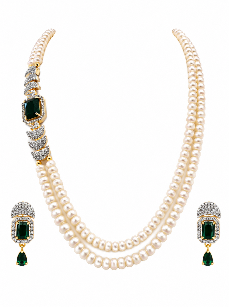 Pearl necklace & earring set with emerald green cz stone 2-layer strand, side brooch design, gold-tone bridal jewellery.