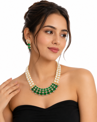 Pearl & emerald green cz choker necklace and earrings set double strand pearls, oval cabochon stones, cz accents. 1