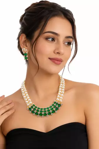 Pearl & emerald green cz choker necklace and earrings set double strand pearls, oval cabochon stones, cz accents.