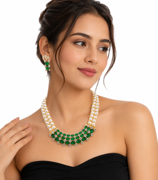 Pearl & emerald green cz choker necklace and earrings set double strand pearls, oval cabochon stones, cz accents.