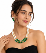 Pearl & emerald green cz choker necklace and earrings set double strand pearls, oval cabochon stones, cz accents.