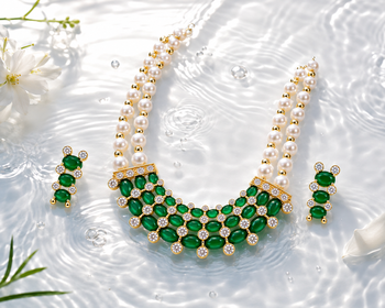 Pearl & emerald green cz choker necklace and earrings set double strand pearls, oval cabochon stones, cz accents. 2