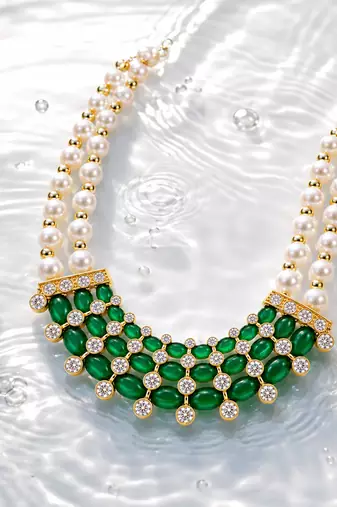 Pearl & emerald green cz choker necklace and earrings set double strand pearls, oval cabochon stones, cz accents.