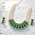 Pearl & emerald green cz choker necklace and earrings set double strand pearls, oval cabochon stones, cz accents.
