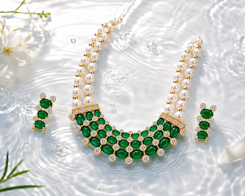 Pearl & emerald green cz choker necklace and earrings set double strand pearls, oval cabochon stones, cz accents.