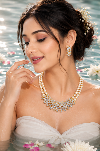 Pearl & cubic zirconia gold-tone necklace and earrings set double strand pearls,bridal jewellery, matching earrings.