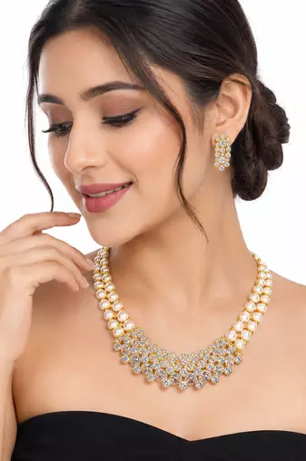 Pearl & cubic zirconia gold-tone necklace and earrings set double strand pearls,bridal jewellery, matching earrings.