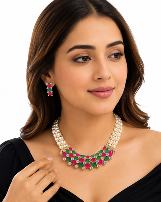 Pearl strand necklace set with ruby & emerald stones, gold-tone multi-strand pearls, cz accents, traditional design. 1