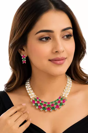 Pearl strand necklace set with ruby & emerald stones, gold-tone multi-strand pearls, cz accents, traditional design.