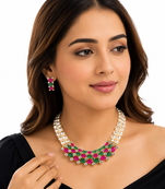 Pearl strand necklace set with ruby & emerald stones, gold-tone multi-strand pearls, cz accents, traditional design.