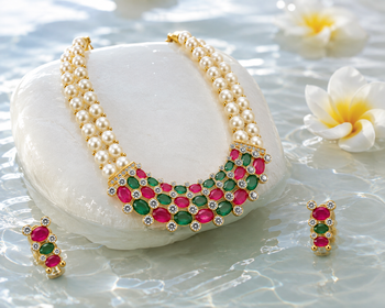Pearl strand necklace set with ruby & emerald stones, gold-tone multi-strand pearls, cz accents, traditional design. 2