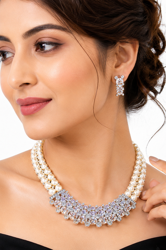 Pearl & crystal zirconia necklace and earrings jewellery set, cz stone pendant, bridal wear, silver-tone finish.