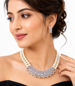 Pearl & crystal zirconia necklace and earrings jewellery set, cz stone pendant, bridal wear, silver-tone finish.