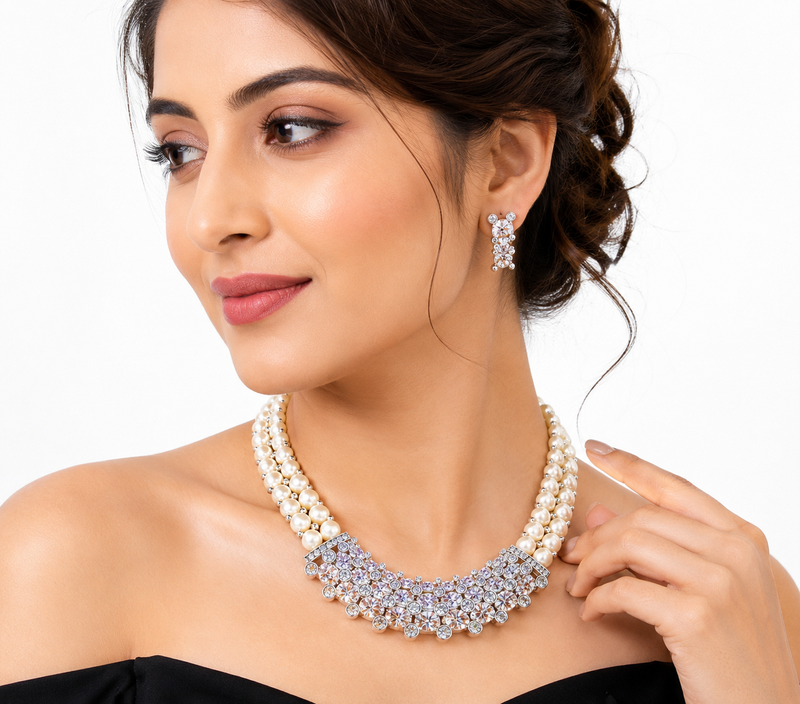 Pearl & crystal zirconia necklace and earrings jewellery set, cz stone pendant, bridal wear, silver-tone finish.