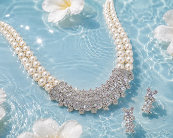 Pearl & crystal zirconia necklace and earrings jewellery set, cz stone pendant, bridal wear, silver-tone finish. 2