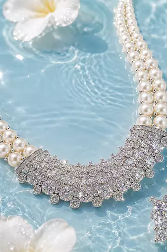 Pearl & crystal zirconia necklace and earrings jewellery set, cz stone pendant, bridal wear, silver-tone finish.