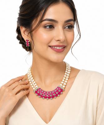 Ruby & pearl double strand necklace set with earrings cz stone accents, gold-tone finish, double strand pearls. 1