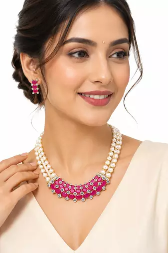 Ruby & pearl double strand necklace set with earrings cz stone accents, gold-tone finish, double strand pearls.