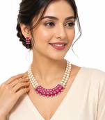 Ruby & pearl double strand necklace set with earrings cz stone accents, gold-tone finish, double strand pearls.