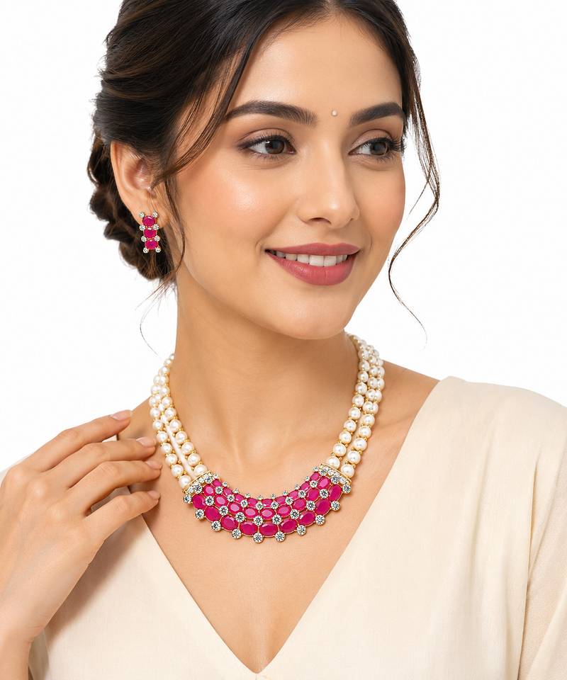 Ruby & pearl double strand necklace set with earrings cz stone accents, gold-tone finish, double strand pearls.