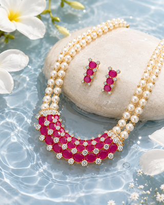 Ruby & pearl double strand necklace set with earrings cz stone accents, gold-tone finish, double strand pearls. 2