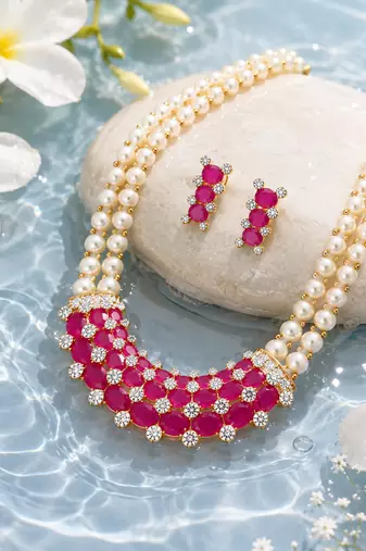 Ruby & pearl double strand necklace set with earrings cz stone accents, gold-tone finish, double strand pearls.