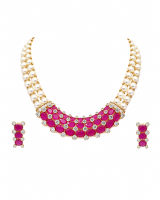 Ruby & pearl double strand necklace set with earrings cz stone accents, gold-tone finish, double strand pearls. 3