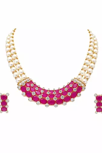 Ruby & pearl double strand necklace set with earrings cz stone accents, gold-tone finish, double strand pearls.