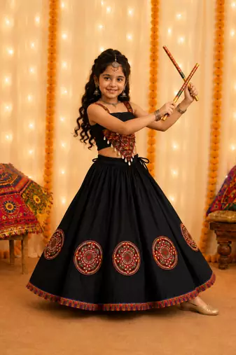 Black mirror silk girls navratri chaniya choli set