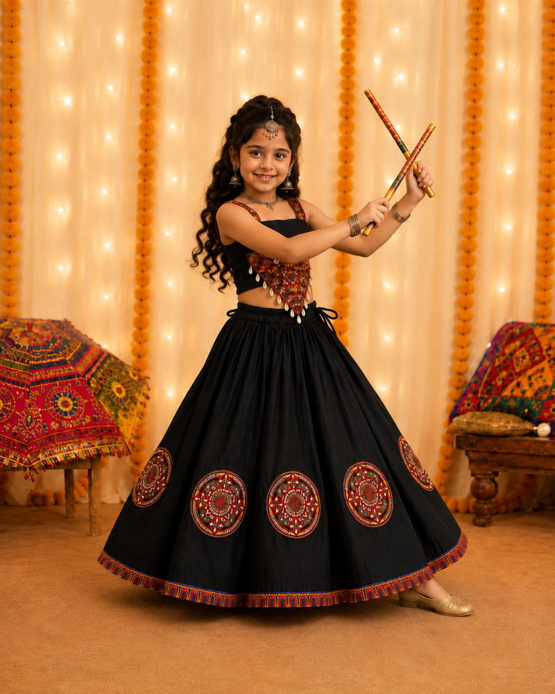 Black mirror silk girls navratri chaniya choli set