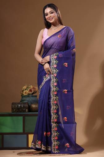 Dark blue supernet with embroidery saree with blouse piece