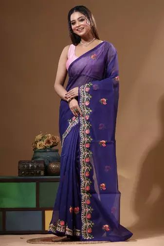 Dark blue supernet with embroidery saree with blouse piece