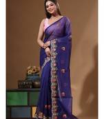 Dark blue supernet with embroidery saree with blouse piece