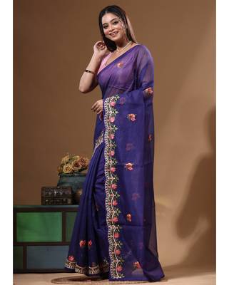 Dark blue supernet with embroidery saree with blouse piece 2