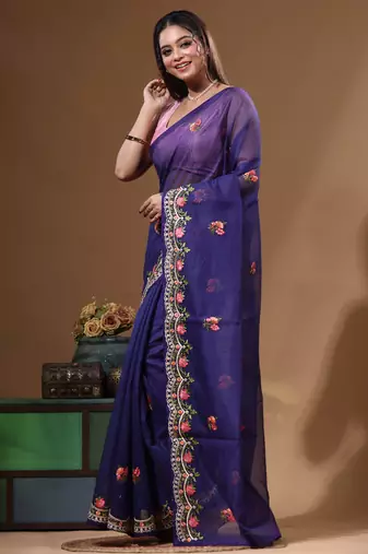 Dark blue supernet with embroidery saree with blouse piece