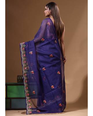 Dark blue supernet with embroidery saree with blouse piece 3