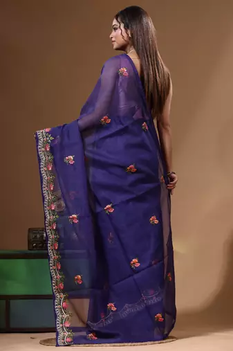 Dark blue supernet with embroidery saree with blouse piece