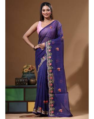 Dark blue supernet with embroidery saree with blouse piece 4