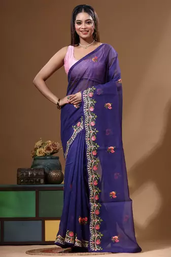 Dark blue supernet with embroidery saree with blouse piece