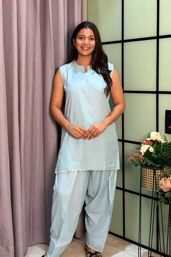 Sky Blue Color Lace Touchup Cotton Kurti Pant Set