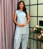 Sky Blue Color Lace Touchup Cotton Kurti Pant Set