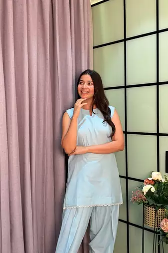Sky Blue Color Lace Touchup Cotton Kurti Pant Set