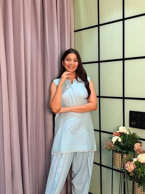 Sky Blue Color Lace Touchup Cotton Kurti Pant Set 3