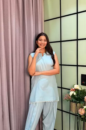 Sky Blue Color Lace Touchup Cotton Kurti Pant Set