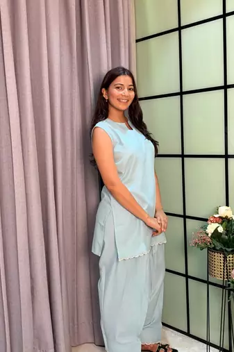 Sky Blue Color Lace Touchup Cotton Kurti Pant Set