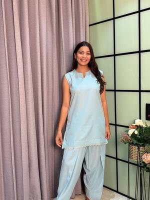 Sky Blue Color Lace Touchup Cotton Kurti Pant Set 5