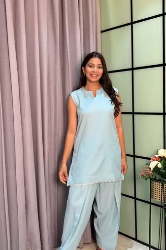 Sky Blue Color Lace Touchup Cotton Kurti Pant Set