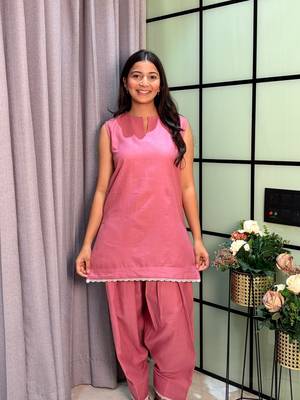 Pink Color Lace Touchup Cotton Kurti Pant Set 1
